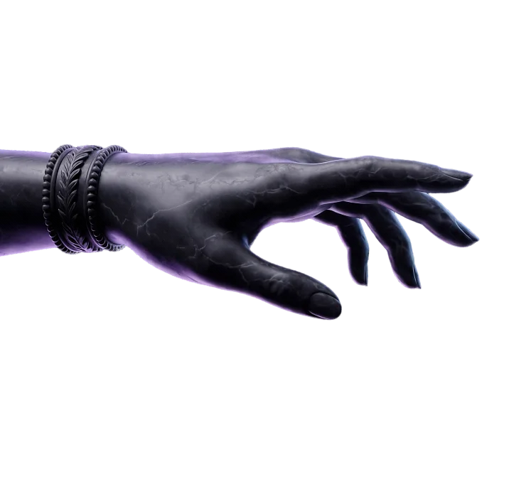 Sculpted hand and forearm reaching forward, lit in violet — Nyx emerging from Erebus.