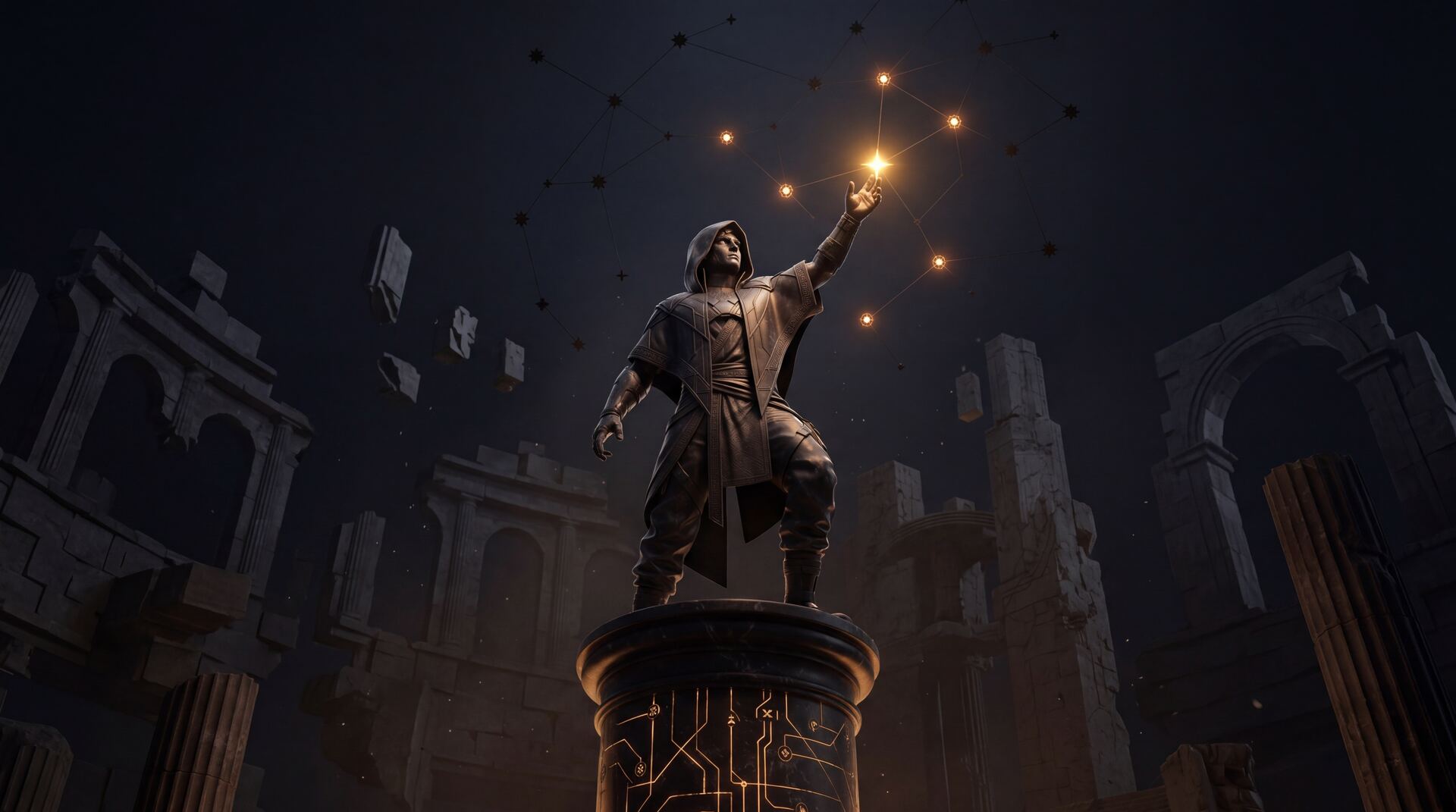 Hooded Genesis Arche figure reaching toward a signal constellation