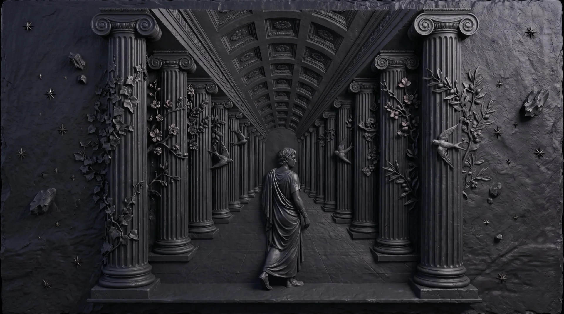 Dark stone bas-relief of a colonnaded corridor with a robed figure walking through it